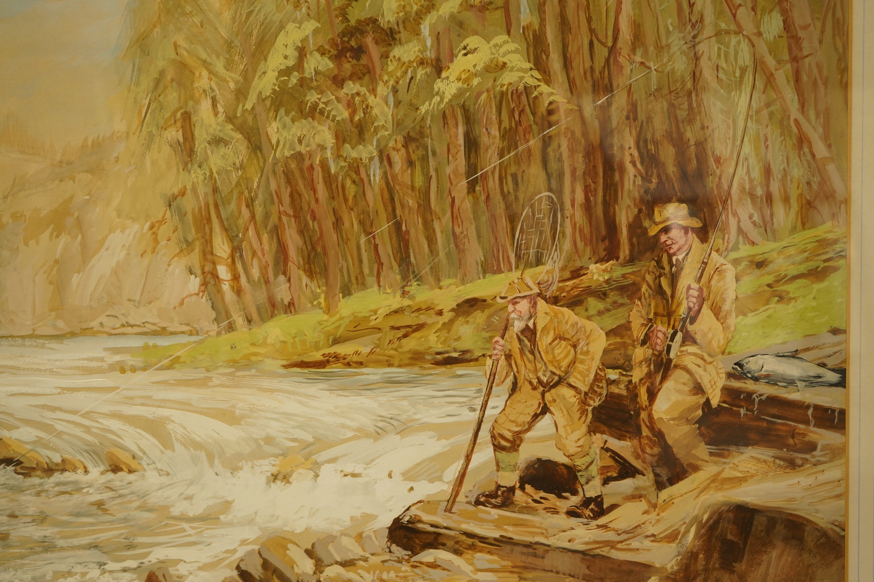 Reuben Ward Binks (1880-1950), Riverscape with anglers, signed, gouache, 44 x 56cm